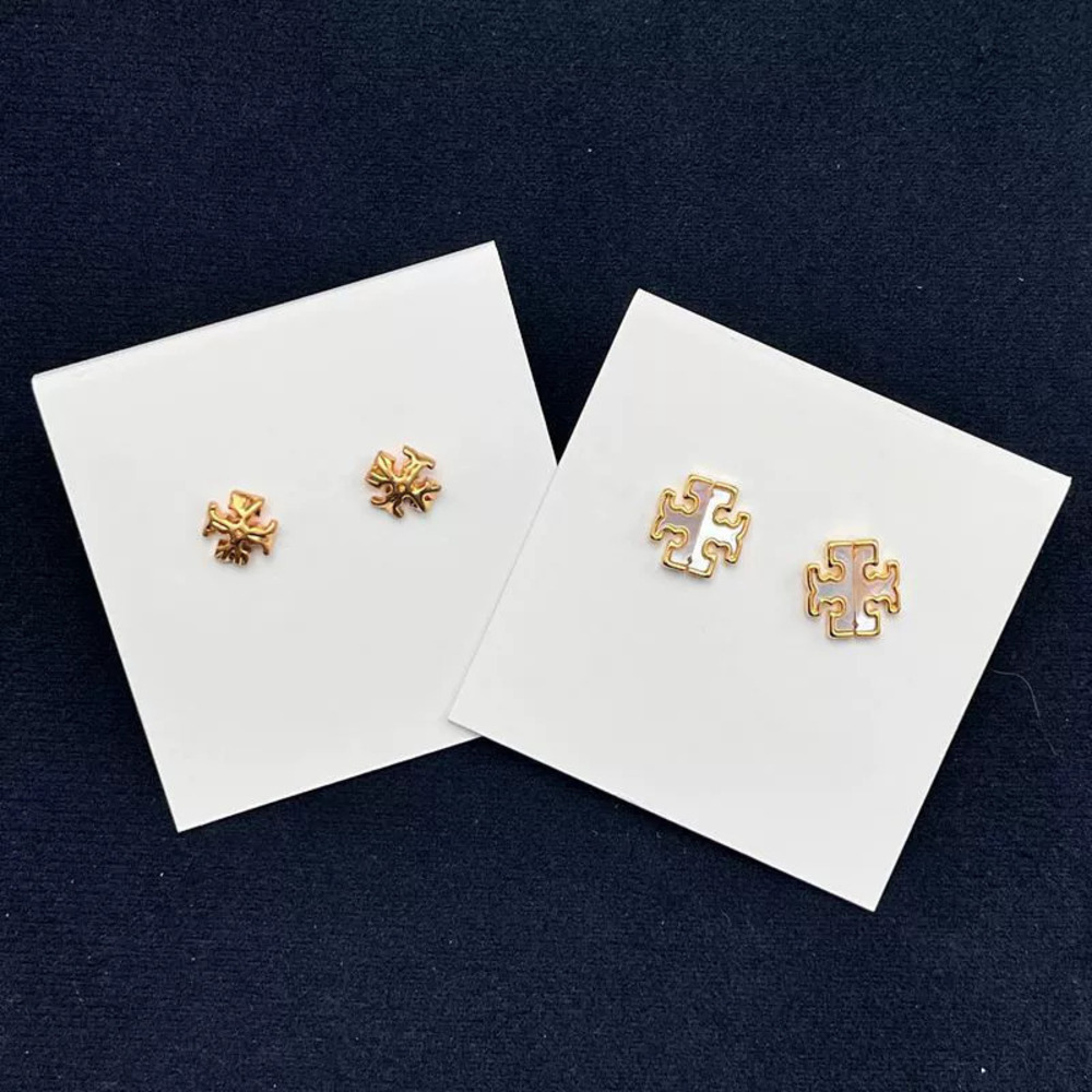 Tory Burch Natural Shell Inlay Pearl Letter Stud Earrings Front Back